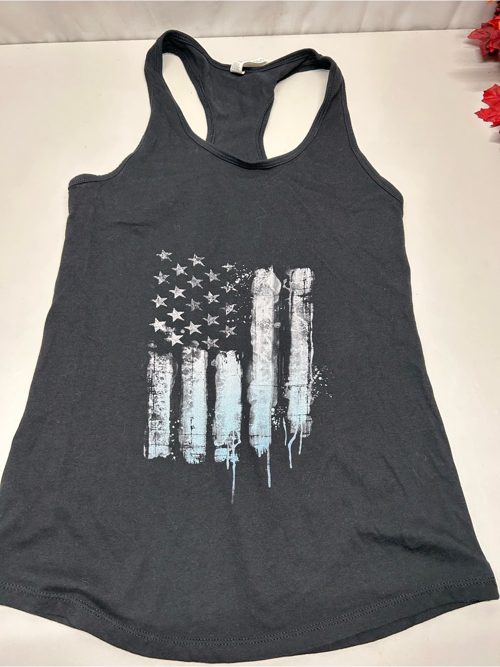 Black Racerback Tank with Distressed Flag Graphic